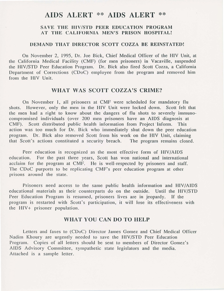 Download the full-sized PDF of Save the HIV/STD Peer Education Program at the California Men's Prison Hospital!