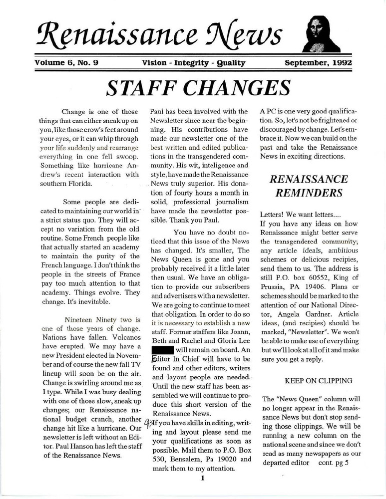 Download the full-sized PDF of Renaissance News, Vol. 6 No. 9 (September 1992)