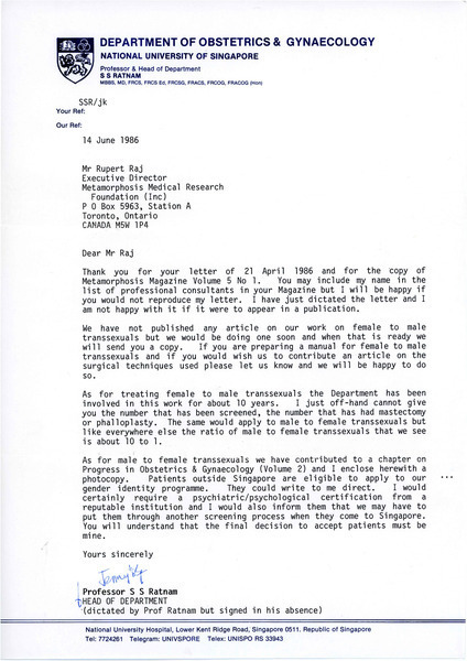 Download the full-sized image of Letter from Professor S.S. Ratnam to Rupert Raj (June 14, 1986)