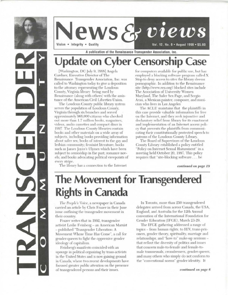 Download the full-sized PDF of Renaissance News & Views, Vol. 12 No. 8 (August 1998)