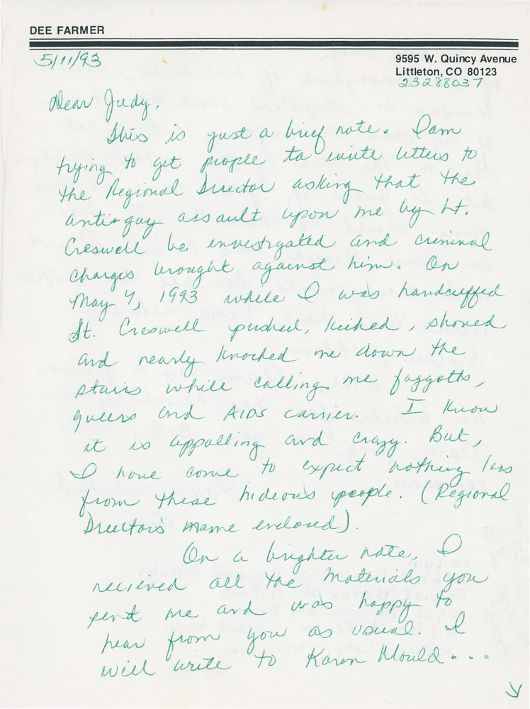 Download the full-sized PDF of Letter by Dee Farmer on Assault and Transphobia in Prison