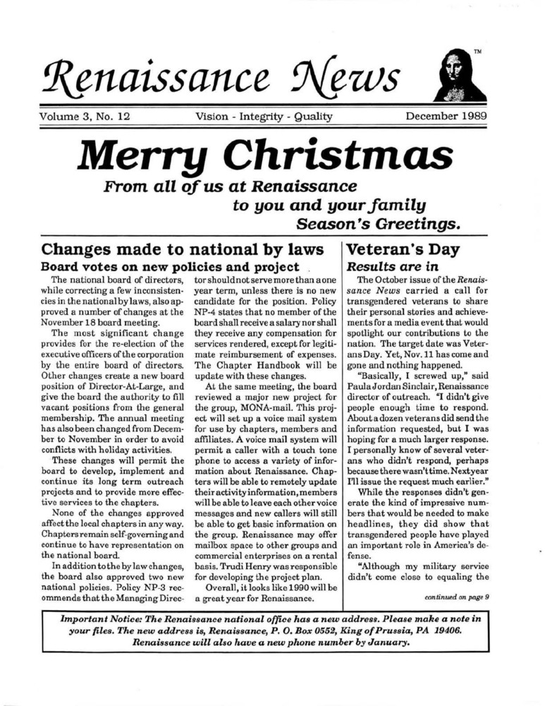 Download the full-sized PDF of Renaissance News, Vol. 3 No. 12 (December 1989)