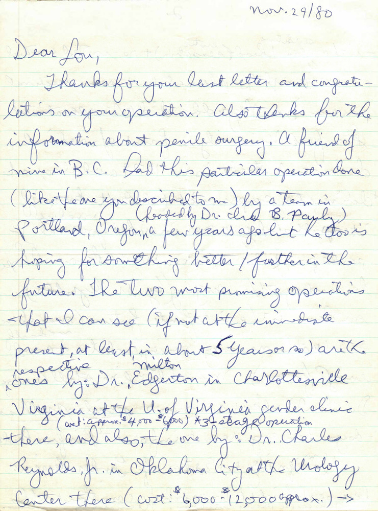 Download the full-sized PDF of Correspondence from Nicholas Ghosh to Lou Sullivan (November 29, 1980)