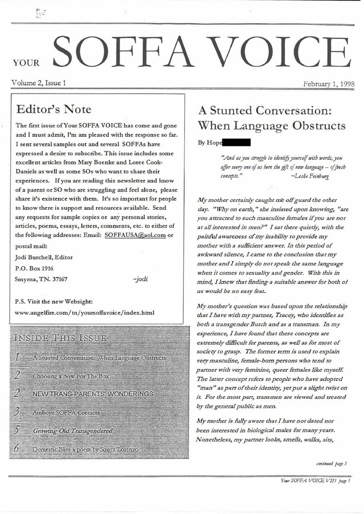 Download the full-sized PDF of Your SOFFA Voice Vol. 2, Issue 1 (February, 1999)