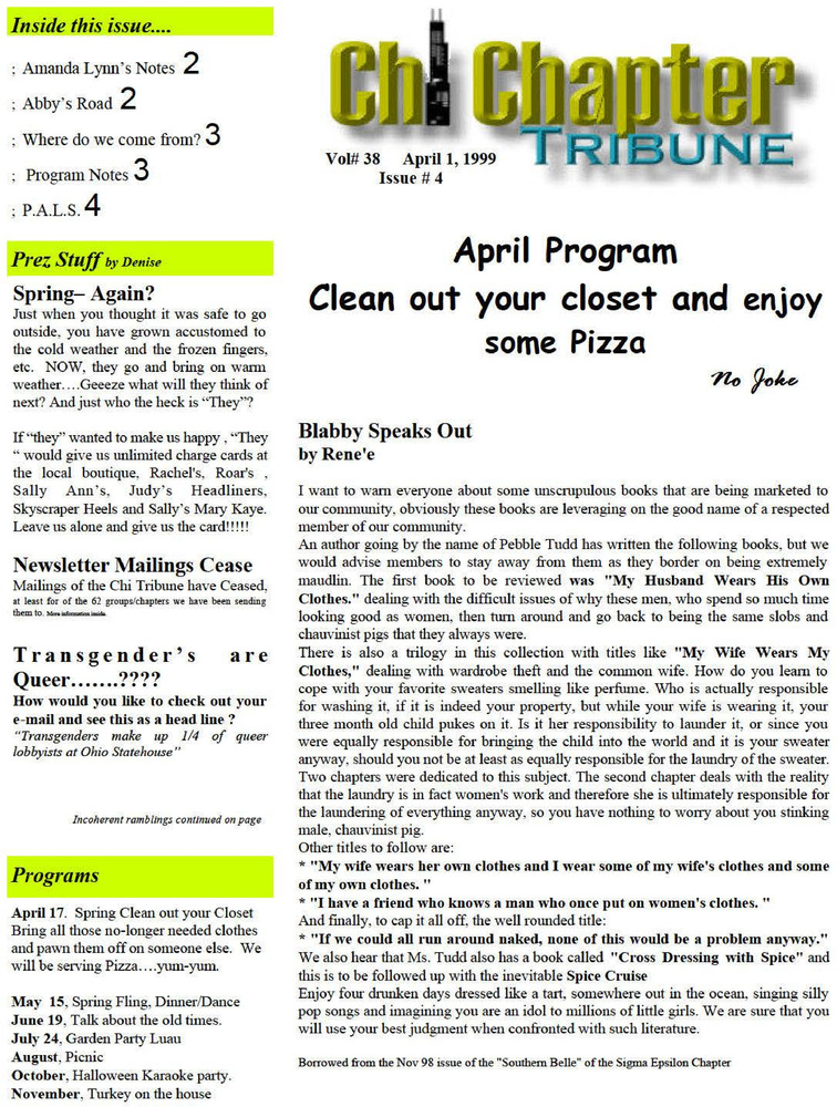 Download the full-sized PDF of Chi Chapter Tribune Vol. 38 Iss. 04 (April, 1999)