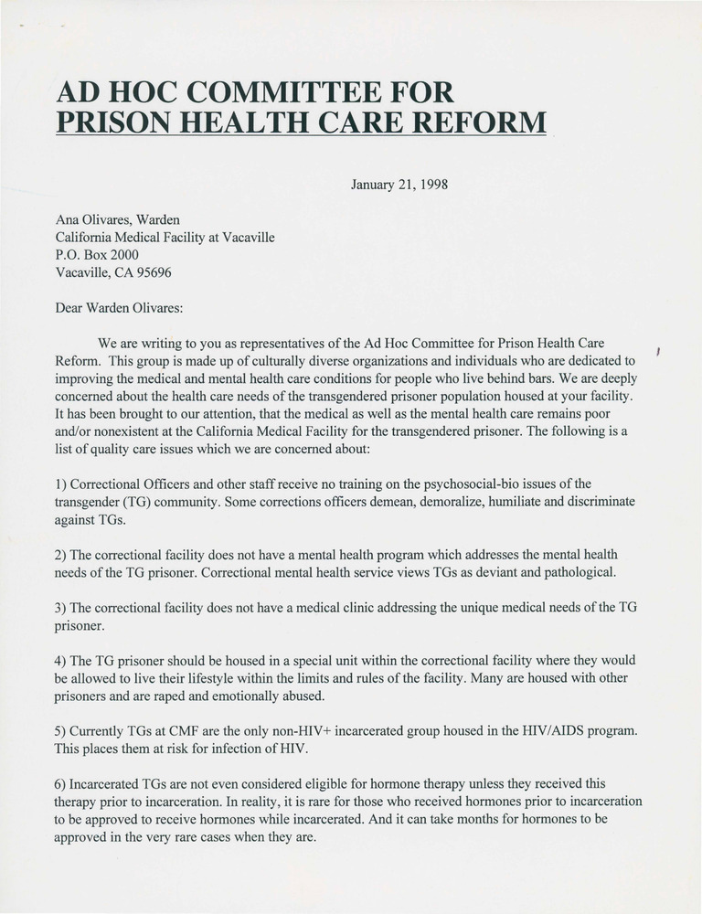 Download the full-sized PDF of Letter Addressing Issues Impacting Transgender Inmates in California