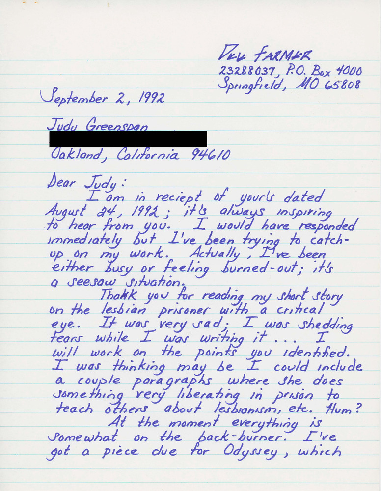 Download the full-sized PDF of Letter by Dee Farmer on Prison and AIDS Activism
