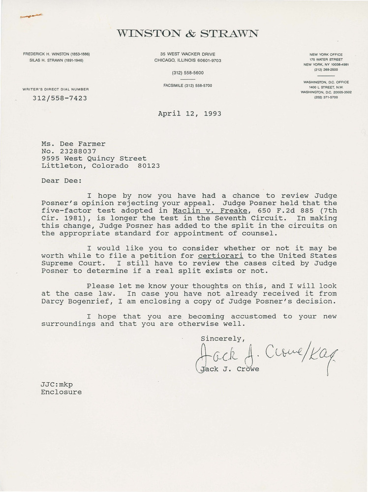 Download the full-sized PDF of Letter from Jack J. Crowe to Dee Farmer on Appeal Rejection