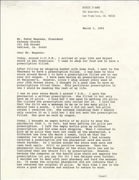 Download the full-sized image of Denise D'Anne Letter to local Safeway store