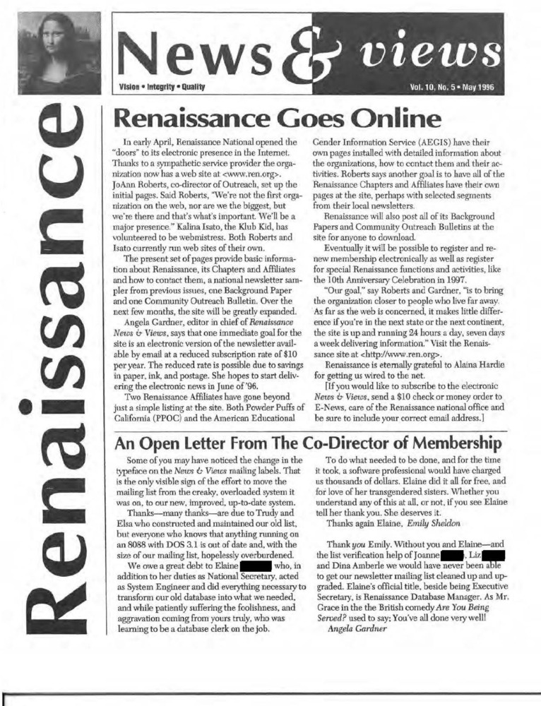 Download the full-sized PDF of Renaissance News & Views Vol. 10, No. 5 (May, 1996)