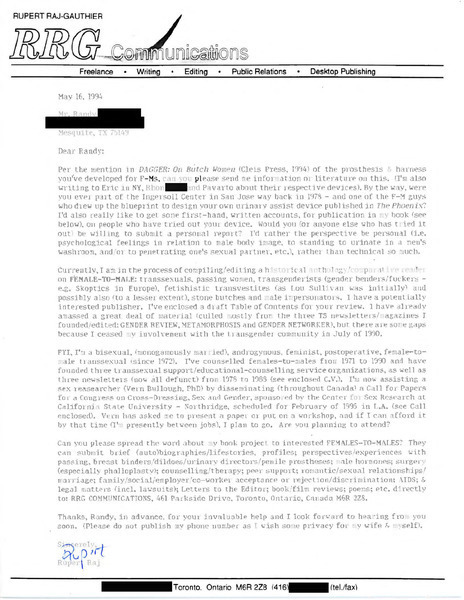 Download the full-sized image of Letter from Rupert Raj to Randy (May 16, 1994)