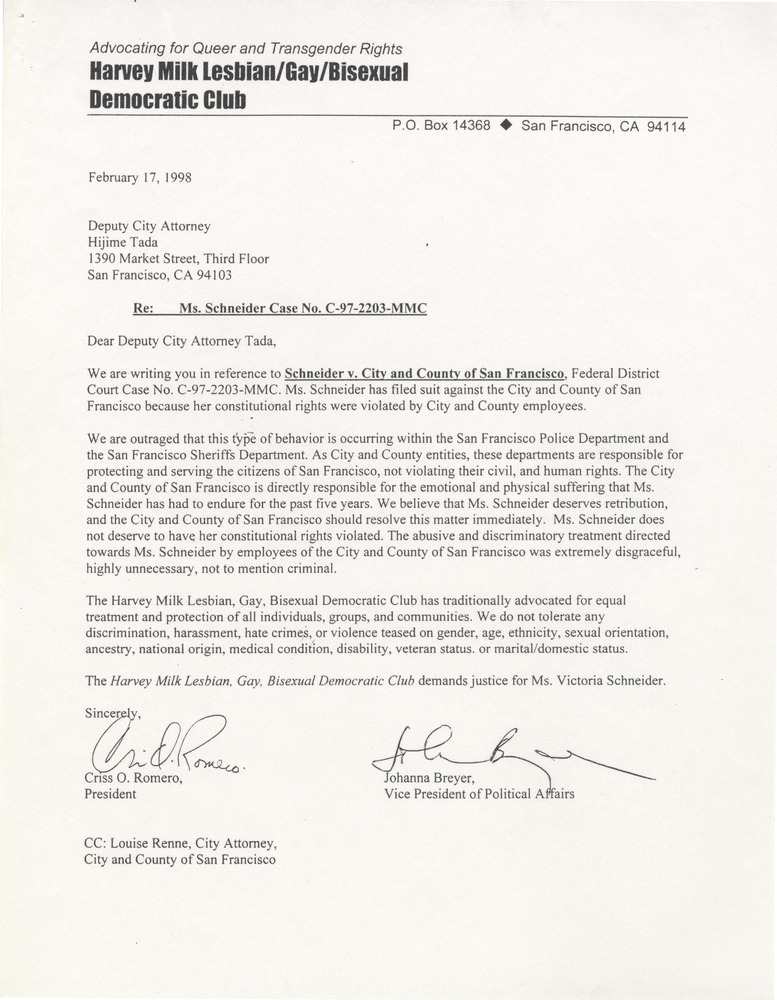 Download the full-sized PDF of Harvey Milk Lesbian/Gay/Bisexual Democratic Club letter