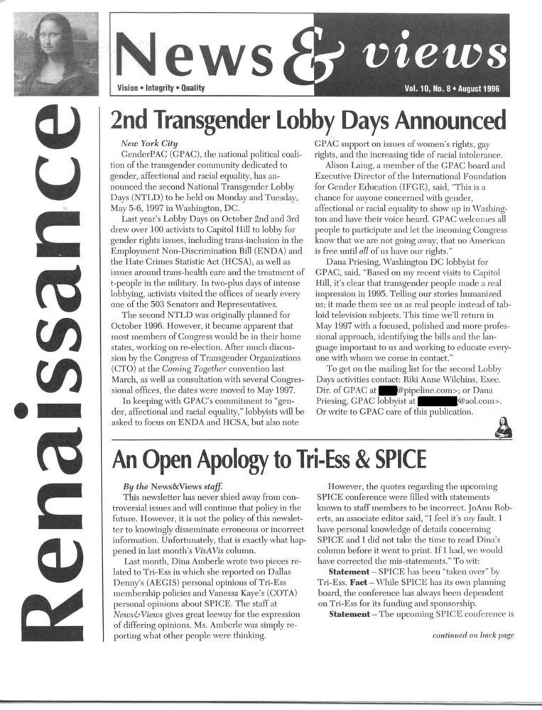 Download the full-sized PDF of Renaissance News & Views Vol. 10, No. 8 (August, 1996)