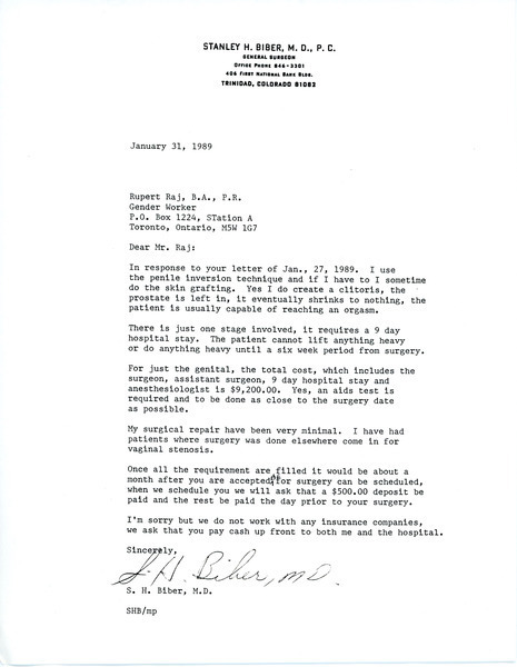 Download the full-sized image of Letter to Rupert Raj from Dr. S. H. Biber (January 31, 1989)