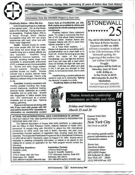 Download the full-sized image of American Indian Community House Inc. Newsletter, AICH Community Bulletin, Spring 1994, pages 18-19