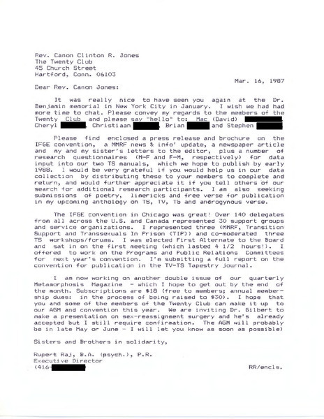 Download the full-sized image of Letter from Rupert Raj to Rev. Canon Jones (March 16, 1987)