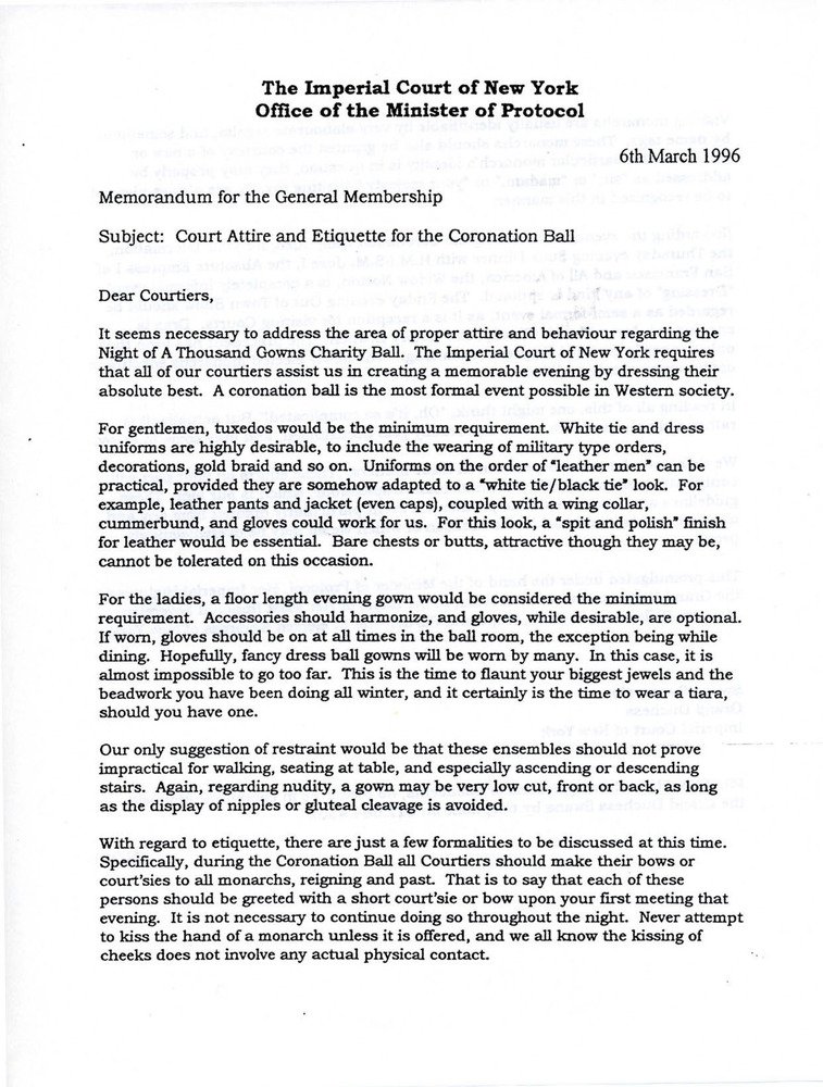 Download the full-sized PDF of The Imperial Court of New York: Memorandum for the General Membership: Court Attire and Etiquette for the Coronation Ball