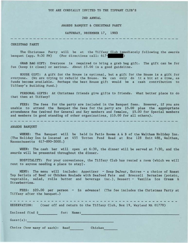 Download the full-sized PDF of The Tiffany Club's 2nd Annual Awards Banquet and Christmas Party (December 17, 1983)