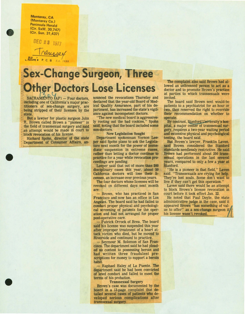 Download the full-sized PDF of Sex-Change Surgeon, Three Other Doctors Lose Licenses