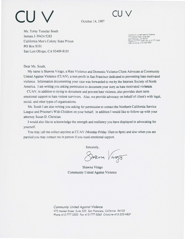 Download the full-sized PDF of Letter from Community United Against Violence (CUAV) to Torey Tuesday South