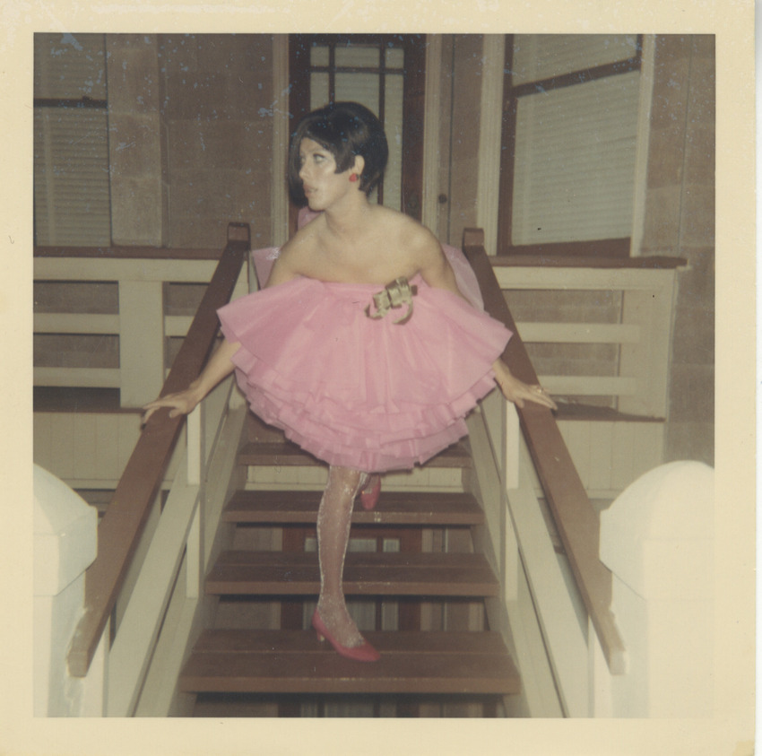 Download the full-sized image of Photograph of Alexis Francois in Pink Layered Dress Descending Stairs