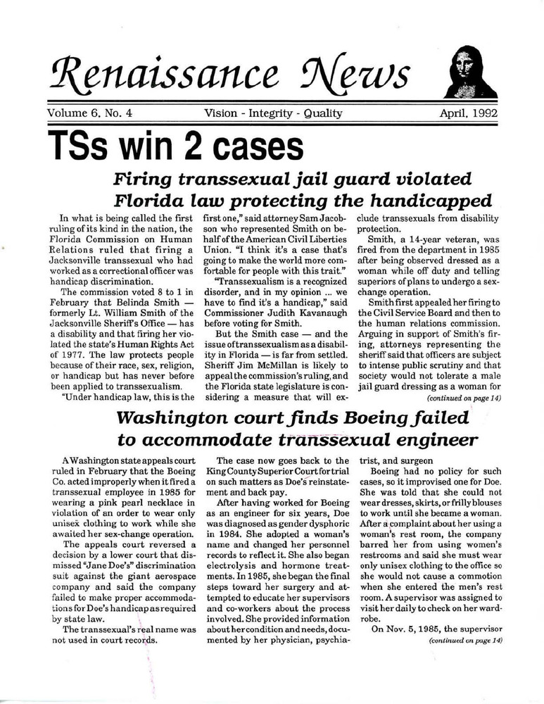 Download the full-sized PDF of Renaissance News, Vol. 6 No. 4 (April 1992)