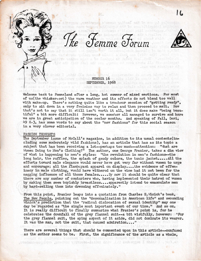 Download the full-sized PDF of The Femme Forum, No. 16 (September, 1968)