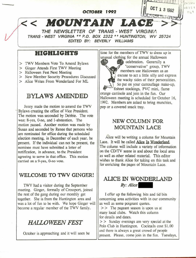 Download the full-sized PDF of Mountain Lace: The Newsletter of Trans - West Virginia (October, 1992)