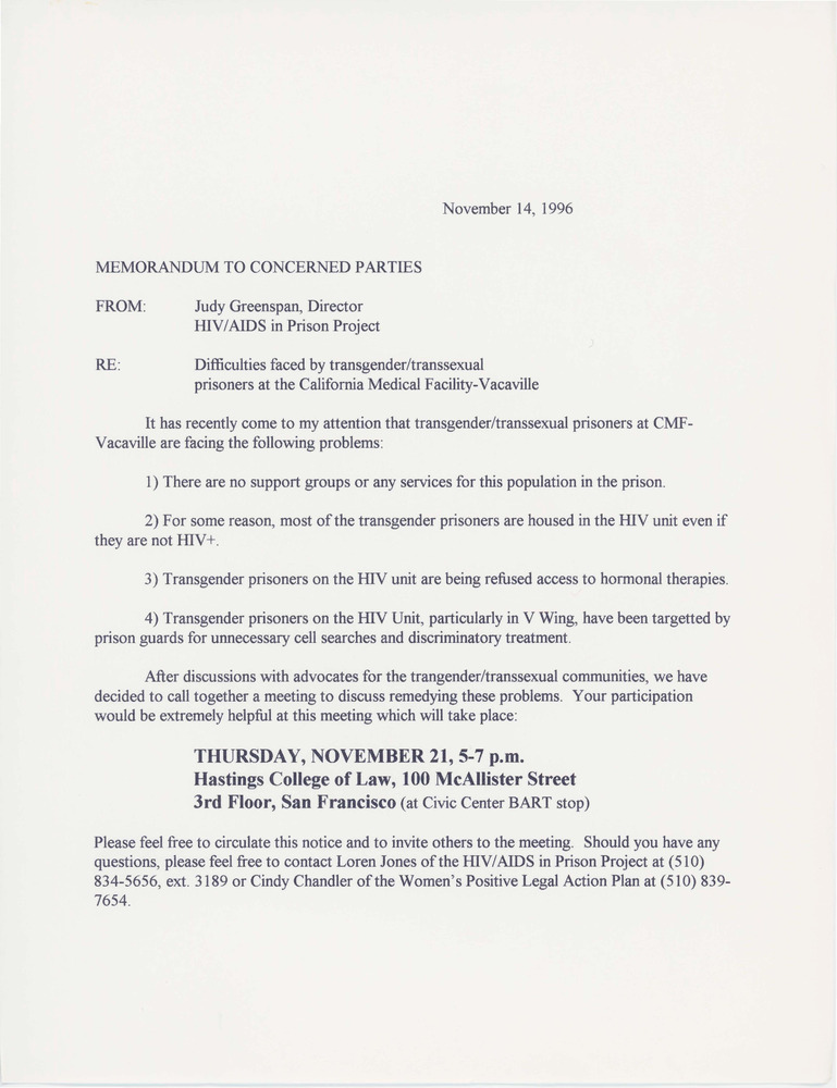 Download the full-sized PDF of Re: Difficulties Faced by Transgender/Transsexual Prisoners at the California Medical Facility-Vacaville