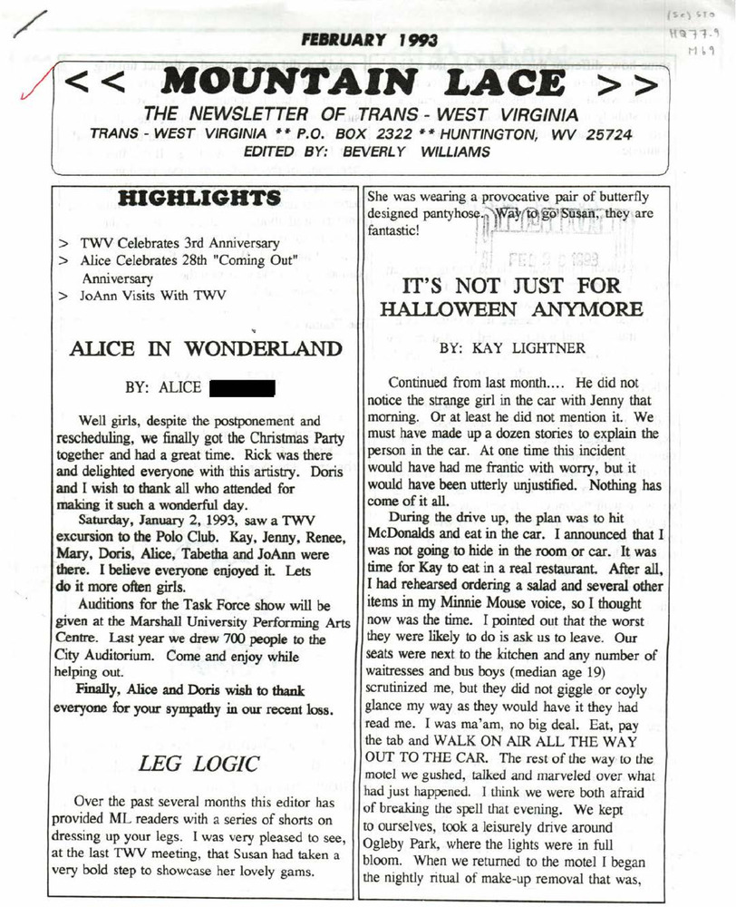Download the full-sized PDF of Mountain Lace: The Newsletter of Trans-West Virginia (February, 1993)