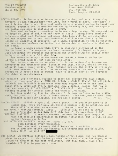 Download the full-sized image of The TV-TS Tapestry Newsletter #9 (March 10, 1979)