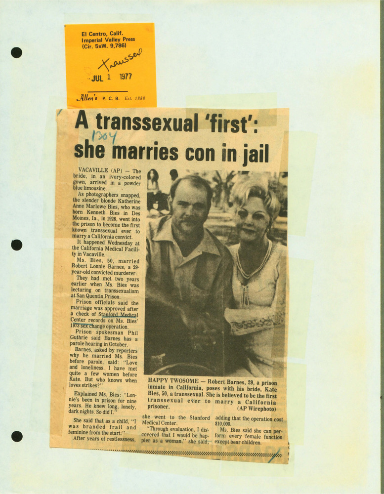 Download the full-sized PDF of A Transsexual 'First': She Marries Con in Jail