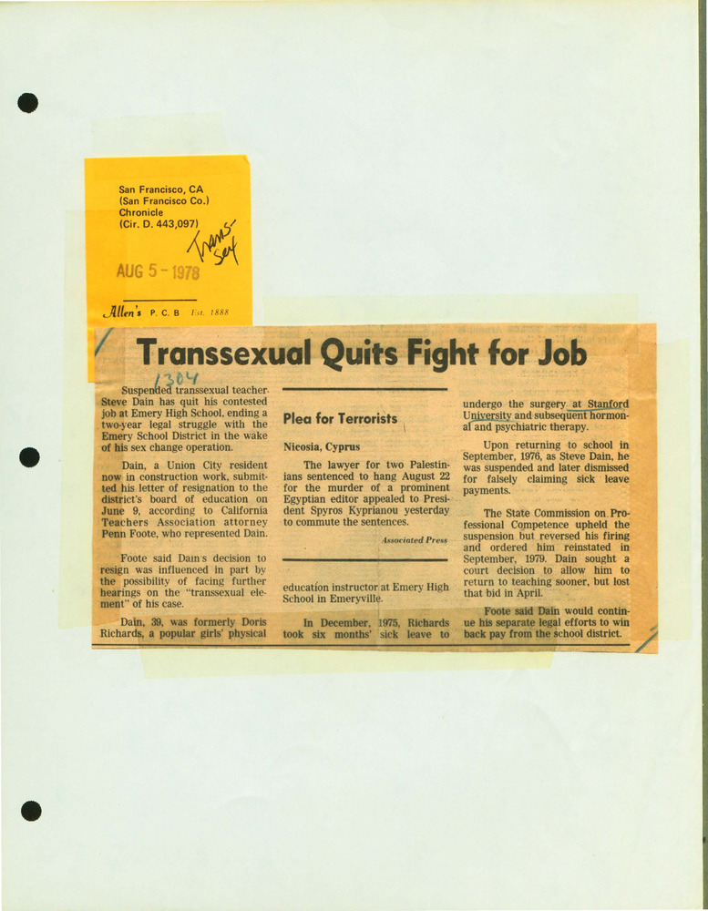 Download the full-sized PDF of Transsexual Quits Fight for Job