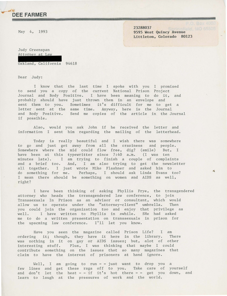 Download the full-sized PDF of Letter from Dee Farmer on Sending Newsletters