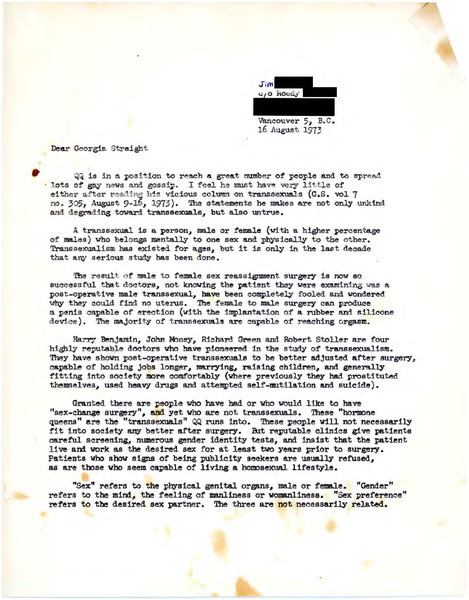 Download the full-sized image of Letter from Jim to Georgia Straight (August 16, 1973)