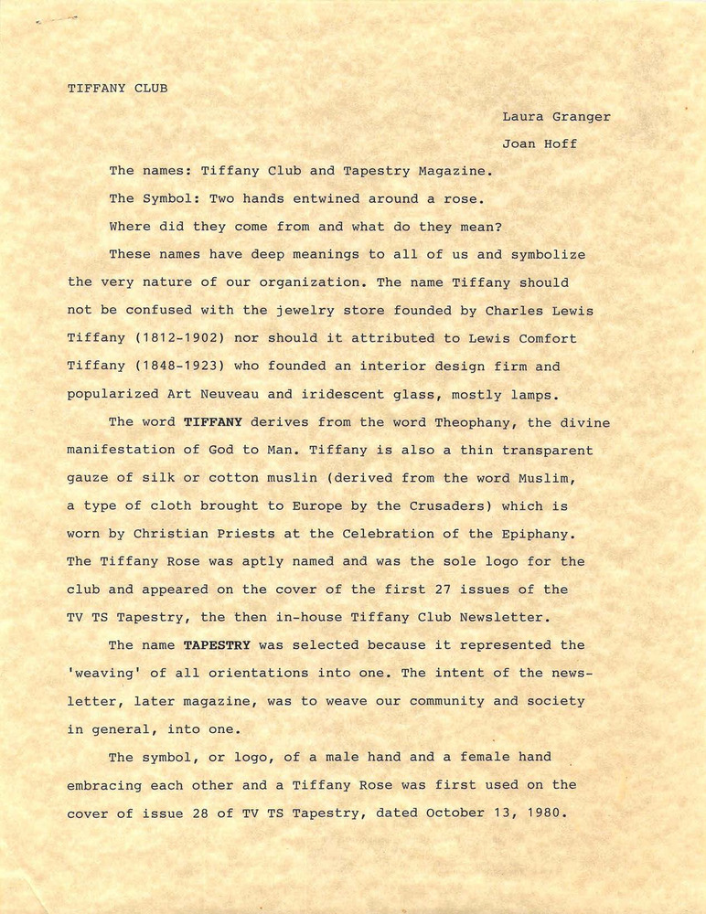Download the full-sized PDF of Tiffany Club Letter by Laura Granger and Joan Hoff