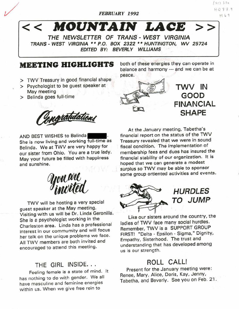 Download the full-sized PDF of Mountain Lace: The Newsletter of Trans - West Virginia (February, 1992)