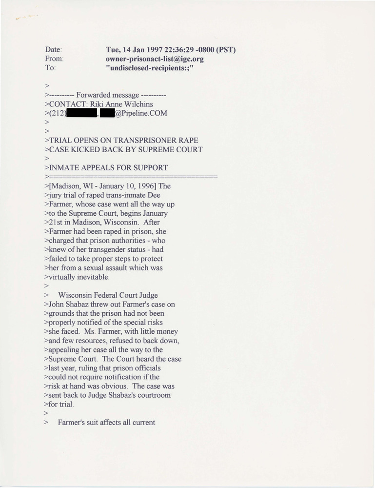 Download the full-sized PDF of Email on Dee Farmer Case History