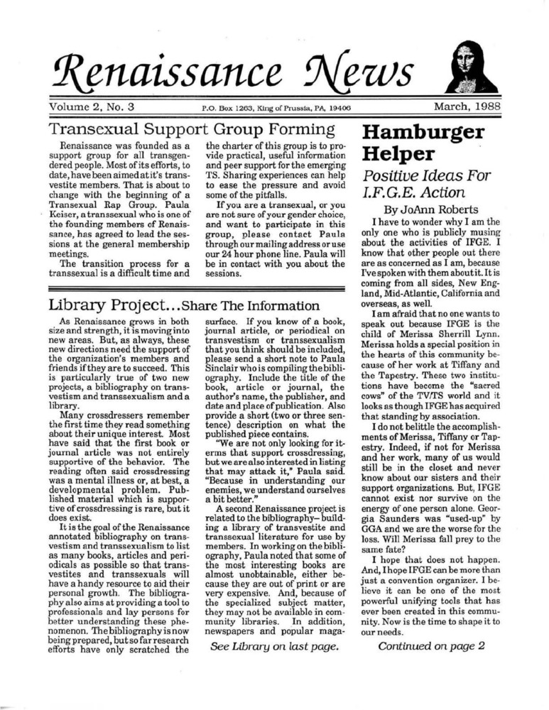 Download the full-sized PDF of Renaissance News, Vol. 2 No. 3 (March 1988)