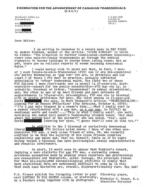 Download the full-sized image of Letter from Rupert Raj to the Editor of New Times Magazine (1979)