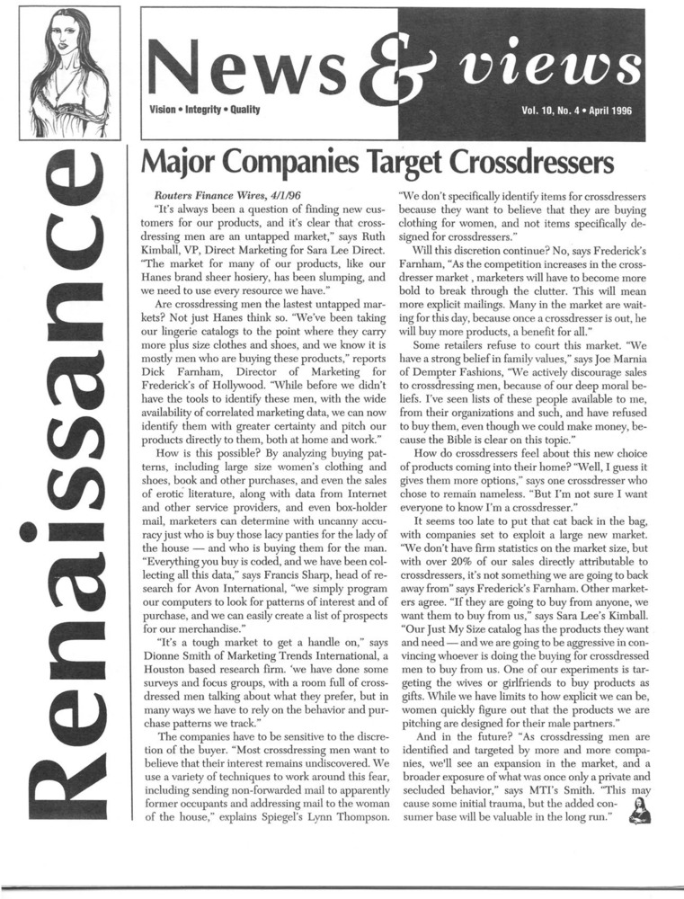 Download the full-sized PDF of Renaissance News & Views Vol. 10, No. 4 (April, 1996)