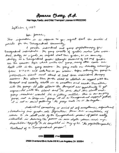 Download the full-sized image of Letter from Roxanne Cherry to Joanna Clark (September 3, 1987)