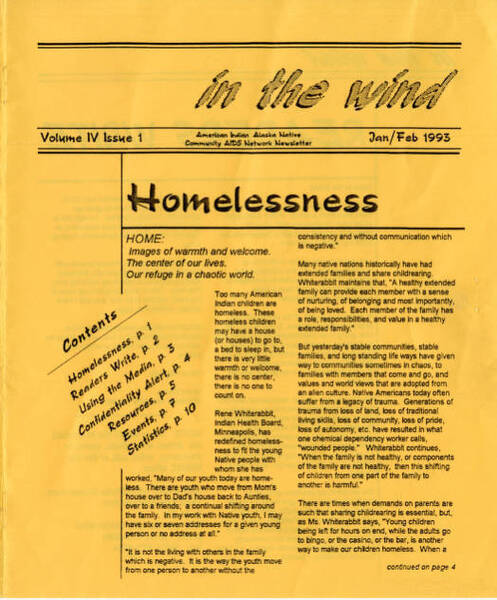 Download the full-sized image of American Indian Alaska Native Community AIDS Network Newsletter, in the wind, Volume 4, Issue 1, Jan/Feb 1993