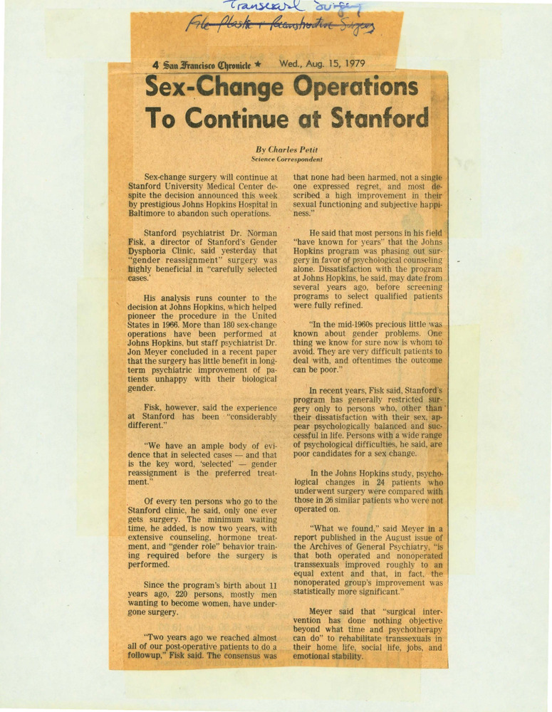 Download the full-sized PDF of Sex-Change Operations To Continue at Stanford