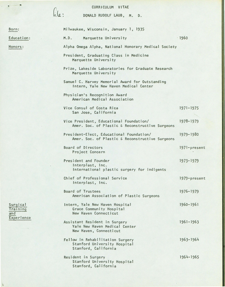 Download the full-sized PDF of Cirriculum Vitae, Donald Rudolf Laub, M.D.