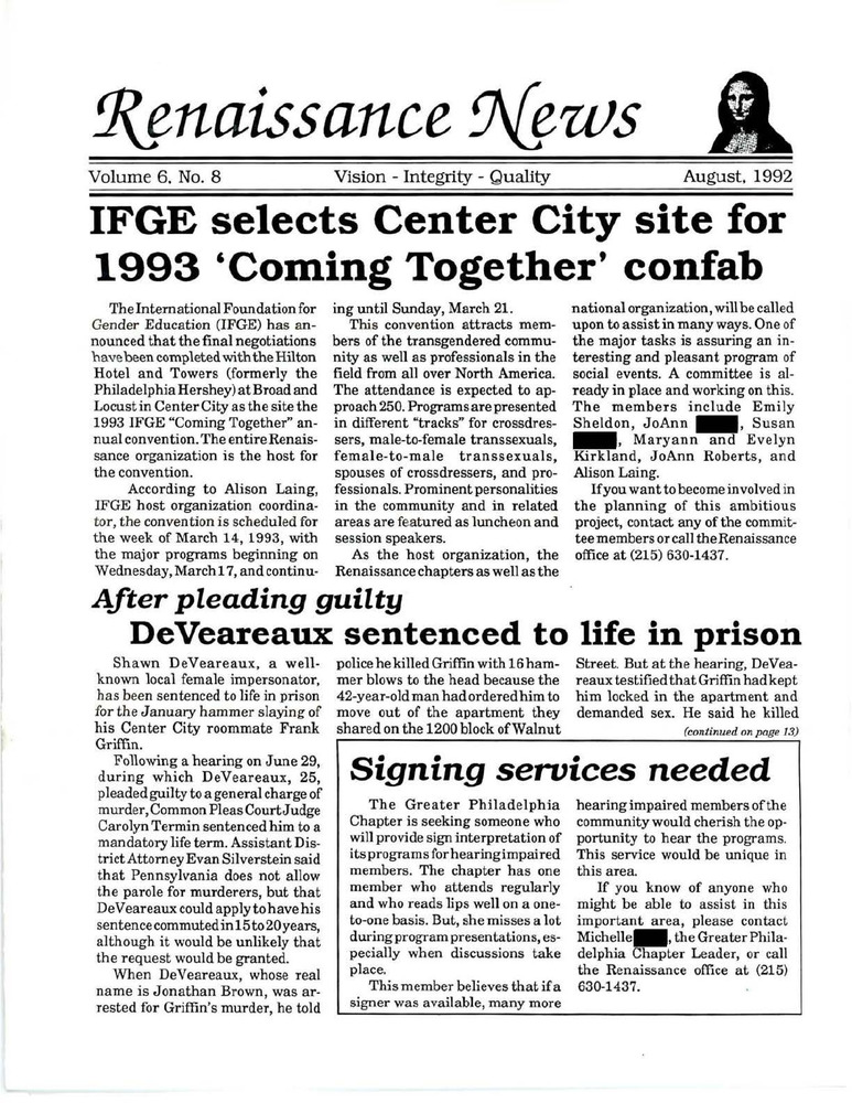 Download the full-sized PDF of Renaissance News, Vol. 6 No. 8 (August 1992)