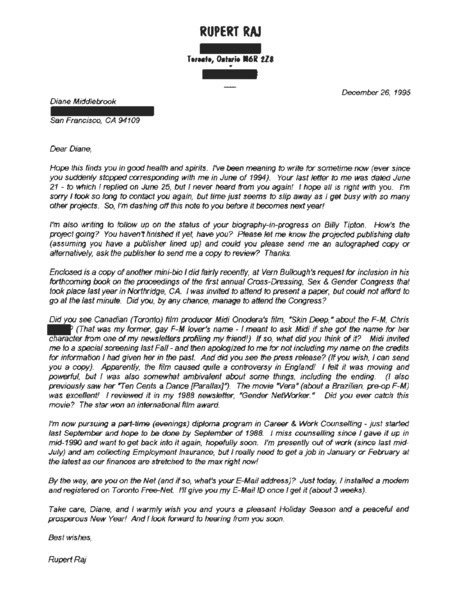 Download the full-sized image of Letter from Rupert Raj to Diane Middlebrook (December 26, 1995)