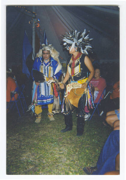 Download the full-sized image of Peetanacoot Nenawekapo and Ivy Parisien in Pow Wow Regalia at Two-Spirit Gathering, 1998