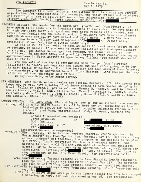 Download the full-sized image of The TV-TS Tapestry Newsletter #11 (May 1, 1979)