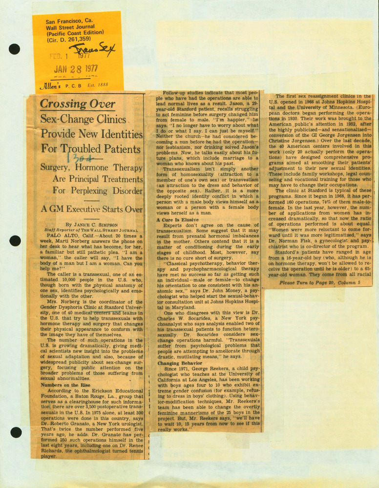 Download the full-sized PDF of Crossing Over: Sex-Change Clinics Provide New Identities For Troubled Patients